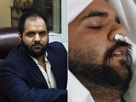 Hayyab Arif sitting in his office, left, and him faking his death. 
