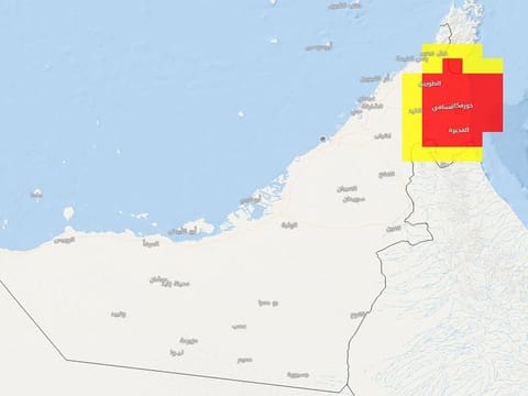 Yellow and red alerts issued by weathermen about different intensities of rainfall in the UAE east coast.