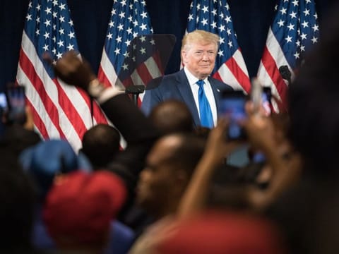 U.S. President Donald Trump arrives to speak during the 'Black Voices for Trump' launch event in Atlanta, Georgia, U.S., on Friday, Nov. 8, 2019. Trump has alienated large swathes of minority communities during his presidency, but he thinks he has an argument to win some of them over in the 2020 election: the economy. Photographer: Dustin Chambers/Bloomberg