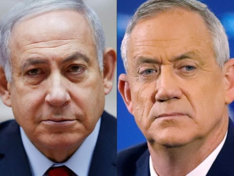This file combo image shows Israeli Prime Minister Benjamin Netanyahu (L) attending the weekly cabinet meeting at the Prime Minister's office in Jerusalem and retired Israeli general Benny Gantz, one of the leaders of the Blue and White (Kahol Lavan) political alliance, at a press conference in Tel Aviv