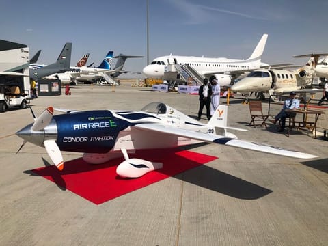 White Lightning, an all-electric racing plane, debuts at Dubai Airshow. 