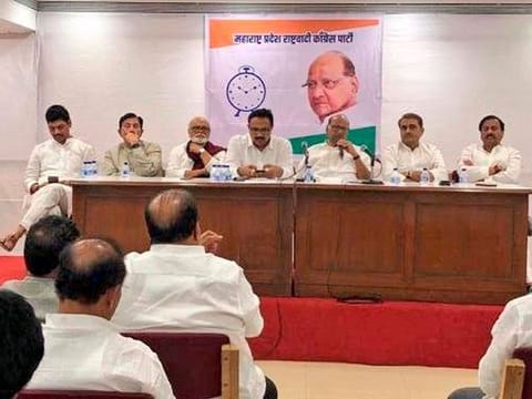 Nationalist Congress Party chief Sharad Pawar chairs a meeting of party MLA's  at YB Chavan Centre in Mumbai, Saturday, Nov. 23, 2019.