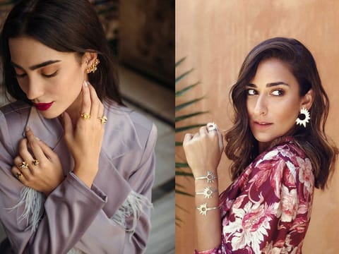  Left: Blazer - Farah Wagdy. Jewelry - DNA Jewelry, Right: Amina Khalil, Egyptian Actress Wearing the Haya Earrings - Indira Jewelry 