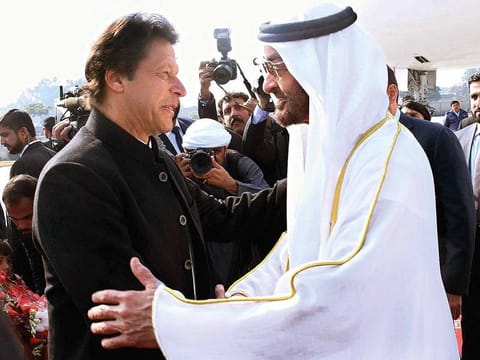 Pakistan Prime Minister Imran Khan receiving Mohamed Bin Zayed during his visit to Pakistan early this year.