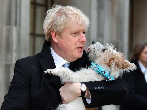 Boris Johnson and his dog after voting in the UK election on Thursday.