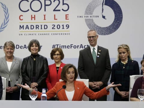 US House Speaker Nancy Pelosi speaks during a press conference at the COP25 climate talks summit in Madrid