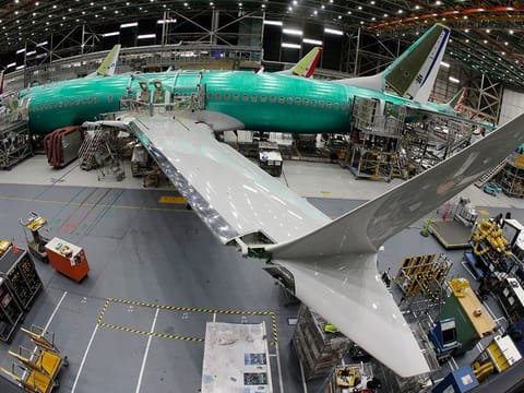 A Boeing 737 Max 8 airplane sits on the assembly line during a brief media tour in Boeing's 737 assembly facility in Renton, Washington.