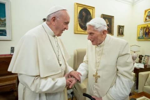 Pope Francis (L) meeting with Pope Benedict XVI (R) at the Vatican on December 21, 2018.  Former pope Benedict XVI has publicly urged his successor Pope Francis not to open the Catholic priesthood up to married men, in a plea that stunned Vatican experts on January 12, 2020.