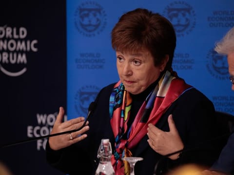 Kristalina Georgieva, managing director of the International Monetary Fund (IMF), gestures as she speaks during a news conference ahead of the World Economic Forum (WEF) in Davos, Switzerland, on Monday, Jan. 20, 2020. World leaders, influential executives, bankers and policy makers attend the 50th annual meeting of the World Economic Forum in Davos from Jan. 21 - 24. 