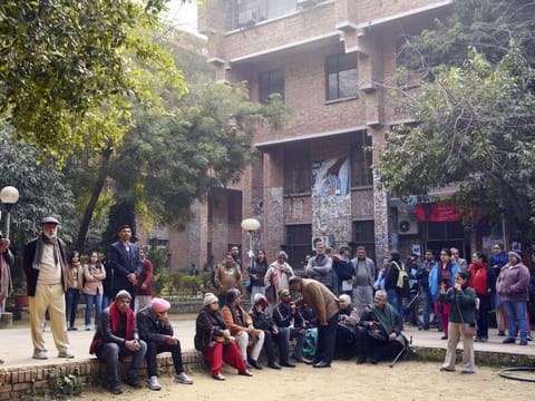 JNU professors during a protest organised by the teacher's Association of JNU against the resignation of Vice-Chancellor, outside the School of International Studies in New Delhi 