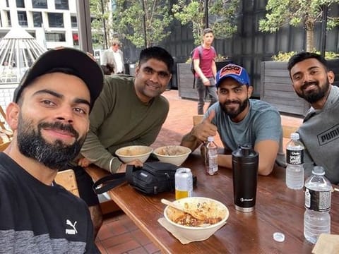 Ravindra Jadeja (third left) with Indian team captain Virat Kohli and K.L. Rahul during their recent tour of New Zealand.