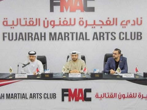 Zayed Khalifa Al Suwaidi (from left), Brigadier Ahmad Hamdan Al Zyoudi  and Nader Abu Shawish at a press conference ahead of Fujairah Open Taekwondo Championship and the Arab Championship.