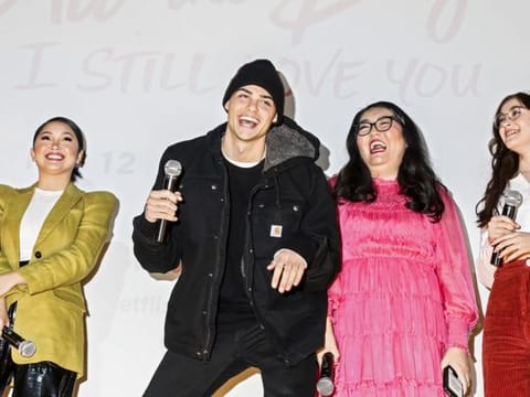 Novelist Jenny Han, second from right, and actors, from left: Lana Condor, Noah Centineo and Anna Cathcart, at an early screening of “P.S. I Still Love You,” at the Paris Theater in New York, Jan. 24, 2020.