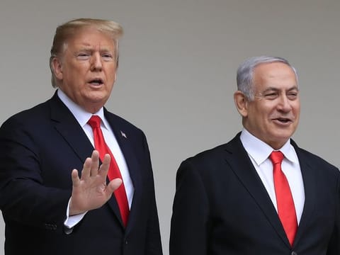 FILE photo: In this March 25, 2019, file photo, President Donald Trump welcomes visiting Israeli Prime Minister Benjamin Netanyahu to the White House in Washington. Trump is holding back-to-back meetings with Israeli Prime Minister Benjamin Netanyahu and his chief challenger ahead of the unveiling of the U.S. administration's much-anticipated plan to resolve the Israeli-Palestinian conflict. The meetings come just a month before Netanyahu and Benny Gantz are set to face off in national elections for the third time in less than a year.