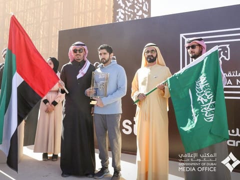 Shaikh Mohammad witnesses the crowning of  Shaikh Hamdan as the winner of The Custodian of the Two Holy Mosques Endurance Cup in Al Ula, Saudi Arabia today.