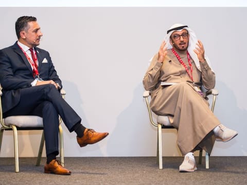 Major General Mohammad Ahmad Al Marri, director general of the GDRFA Dubai and Coach Kardan during a session "Investing in the Future" at the Emirates Airline Festival of Literature 