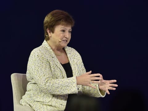 IMF Managing Director Kristalina Georgieva delivers the main opening session speech at the Global Women’s Forum Dubai 2020 on Sunday. 
