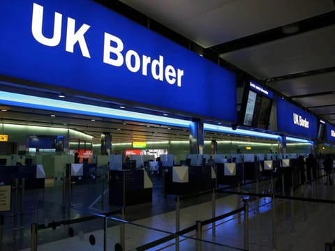 UK border control is seen at Terminal 2 at Heathrow Airport in London.