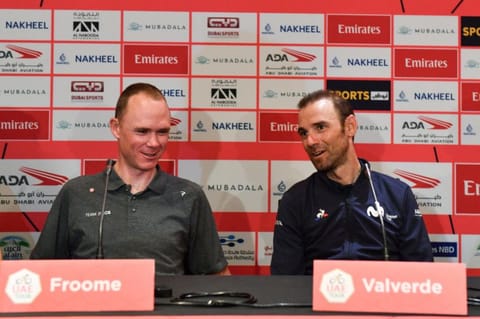Four-time Tour de France winner Chris Froome (left) and Alejandro Valverde during the press conference for UAE Tour on Saturday. 
