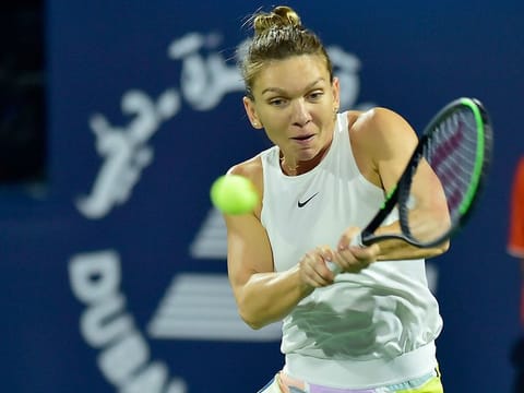 Simona Halep in action against Elena Rybakina in the women’s final at the Dubai Duty Free Tennis Championships on 22nd February, 2020.