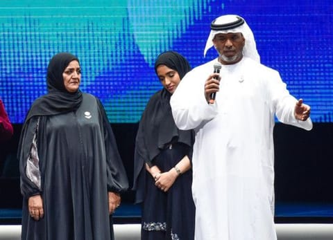 Ahmad Al Falasi on stage with his family at the 2020 Arab Hope Maker Awards ceremony