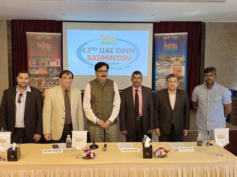 The India Club badminton officials from left: Jaffar Ebrahim (Dubai Badminton Development Manager, BWF) Bharat Chachara (CEO, India Club), Sunil Singh (Board of Trustee & Head of the Badminton Tournament Committee), Suresh Menon (Sports Secretary, India Club ) and  Girish Chand (Badminton Tournament Committee Member), Ravi B M (Li-Ing) announce the staging of the 43rd edition of the  India Club UAE Open Badminton tournament.