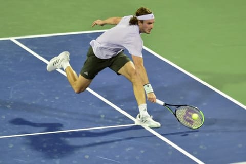 Stefanos Tsitsipas in action against Alexander Bublik at the Dubai Duty Free Tennis Championship on Wednesday.