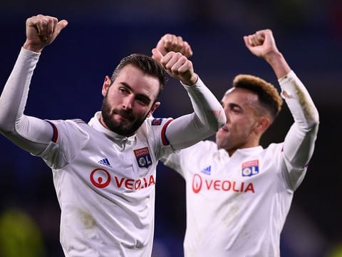 Lyon's French midfielder Lucas Tousart (left) celebrates at the end of first leg win over Juventus in Uefa Champions League earlier this year.