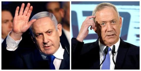 A combination picture shows Israeli Prime Minister Benjamin Netanyahu (left)  and the leader of Blue and White party Benny Gantz in Tel Aviv.
