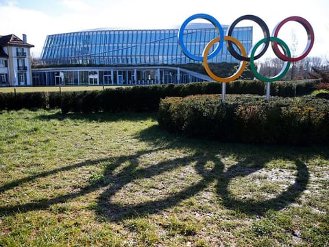 The rings are pictured in front of the International Olympic Committee (IOC) during Executive Board meeting in Lausanne, Switzerland