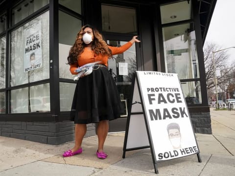 Adilisha Patrom outside her pop-up coronavirus supply store where she sells items such as face masks to hand sanitizer in Washington, on March 5.