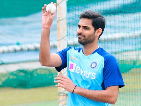 Bhuvneshwar Kumar attends a practice session at Dharamsala ahead of their first One Day International against South Africa. Kumar revealed that the Indian bowlers have been barred from using saliva to derive swing and movement.