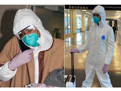Naomi Campbell wears a hazmat suit 