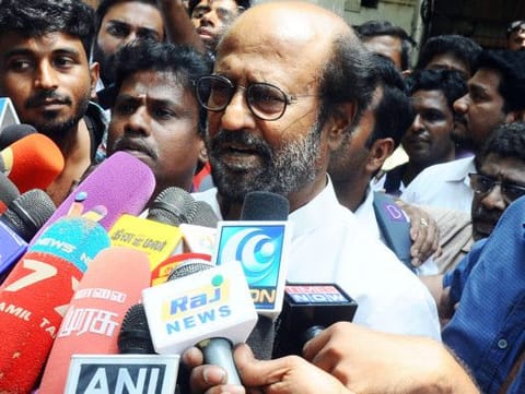 Tamil Nadu, Mar 05 (ANI): Veteran Actor Rajinikanth speaks to media after a meeting with members of 'Rajini Makkal Mandram' at Raghavendra Kalyana Mandapam in Chennai on Thursday.  (ANI Photo)