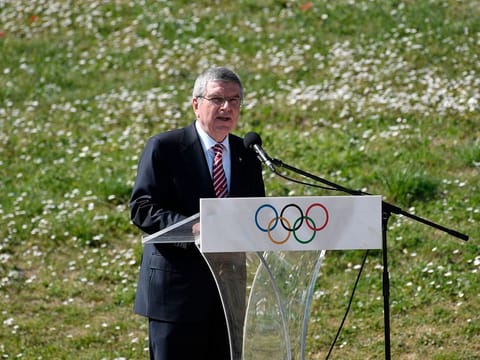 International Olympic Committee (IOC) President Thomas Bach speaks during the Olympic flame lighting ceremony on March 12, 2020 in ancient Olympia, ahead of Tokyo 2020 Olympic Games. 