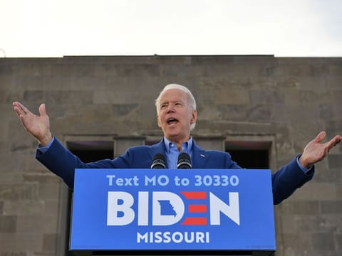 Democratic presidential candidate former Vice President Joe Biden speaks during a campaign rally at the WWI Museum and Memorial in Kansas City, Missouri
