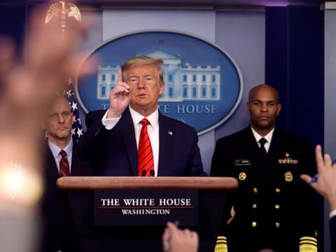 US President Donald Trump takes questions during a press briefing at the White House in Washington, U.S., March 19, 2020.