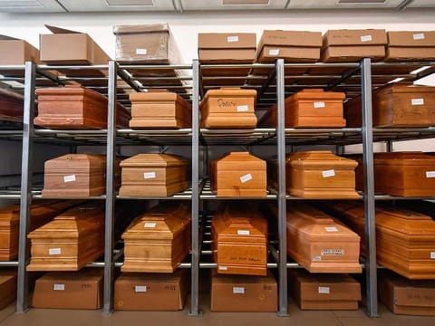 Coffins are placed on scaffolding awaiting burial due to the coronavirus emergency in Italy 