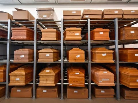Coffins are placed on scaffolding awaiting burial due to the coronavirus emergency in Italy 