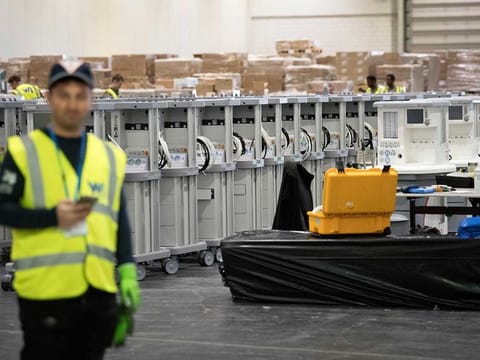 Ventilators are stored at the ExCel centre which was made into a temporary hospital, in London 