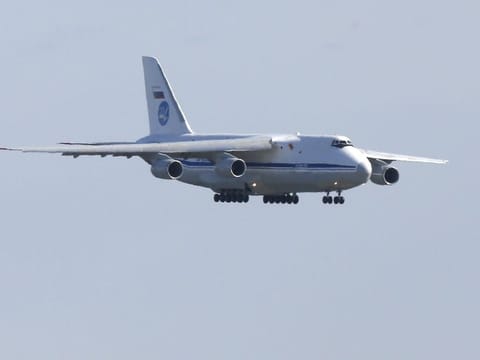 A Russian military transport plane carrying medical equipment, masks and supplies lands at JFK International Airport during the outbreak of the coronavirus disease (COVID-19) in New York City, New York, U.S., April 1, 2020.