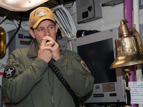 Captain Brett Crozier, commanding officer of the US Navy aircraft carrier USS Theodore Roosevelt, addresses the crew in San Diego, California, on January 17, 2020.