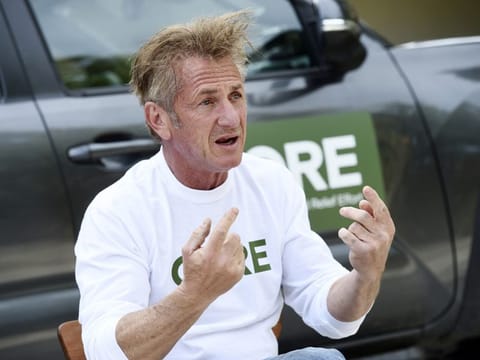 HOLD FOR STORY — Actor Sean Penn, founder of the nonprofit organization Community Organized Relief Effort, is interviewed at his home, Wednesday, April 8, 2020, in Malibu, Calif. (AP Photo/Chris Pizzello)