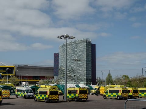 Ambulances outside the Nightingale Hospital in the Excel Center in east London on Monday, April 13, 2020. 