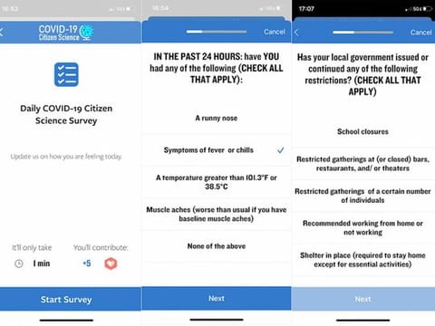 Screen shots of a new app for citizen scientists to help researchers learn more about the coronavirus.
