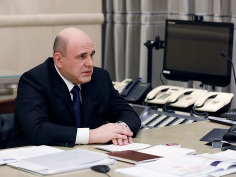 Russian Prime Minister Mikhail Mishustin chairs a meeting with his deputies via video link in Moscow, Russia April 20, 2020. 