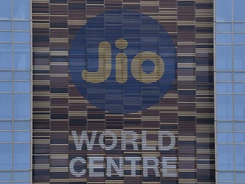 The logo of JIO is seen at the facade of the Jio World Centre, in Navi Mumbai