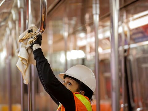 A New York City MTA transit worker cleans a subway car, during the outbreak of the coronavirus disease (COVID-19) in New York City, New York, U.S., May 4, 2020. 