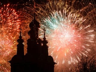 Fireworks light up the sky over Moscow to mark the 75th anniversary of the end of World War II