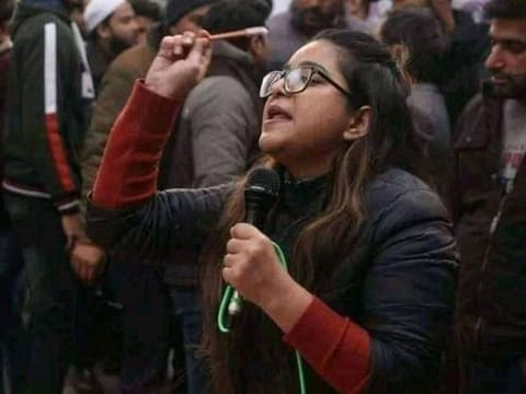 Safoora Zargar at a protest rally. The pregnant Zargar has been charged under the stringent Unlawful Activities Prevention Act.